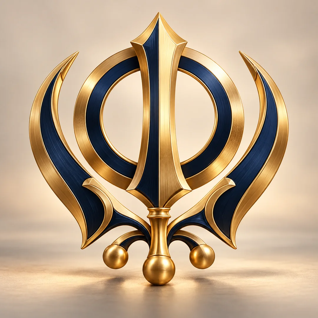 Decorative digitally rendered gold-and-navy Khanda sculpture