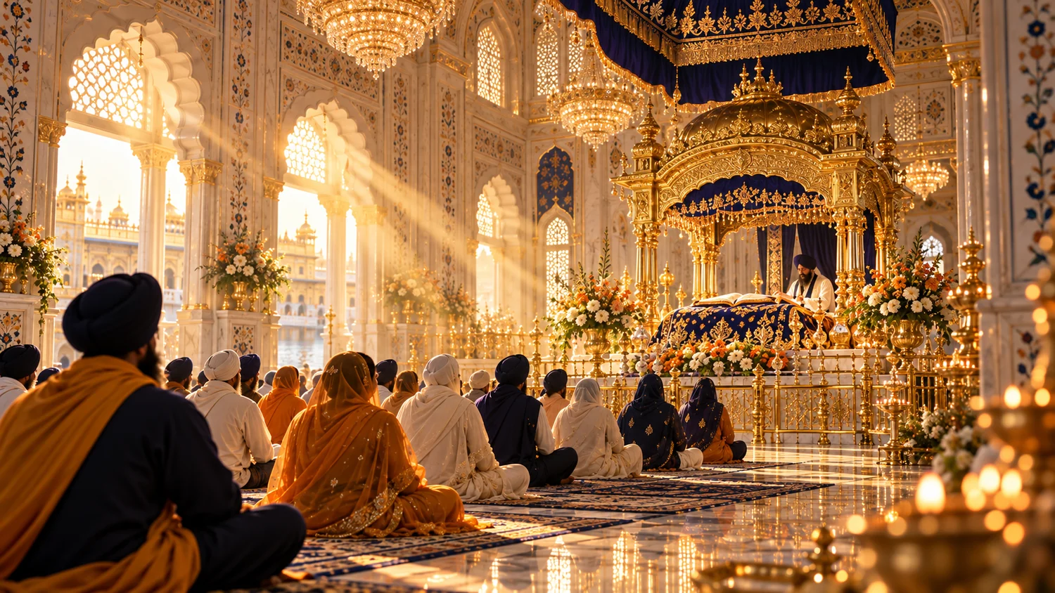 Artist-generated illustration of a Sikh congregation inside an ornate Gurdwara
